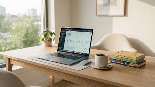 Clean minimalist modern workspace desk with an open sleek laptop showing abstract subtle data analytics charts, a cup of specialty black coffee, and a neat small stack of three modern fiction paperback books on a light wooden or warm white desk, soft natural morning sunlight, high-end editorial photography